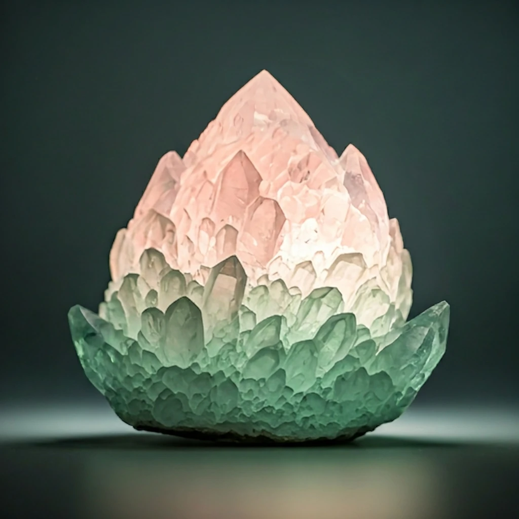 Ethereal crystal glowing in soft pink and sage green light